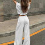 Light Grey Drawstring Waist Crop Top  Wide Leg Pants Set