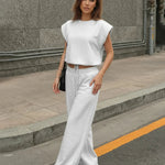Light Grey Drawstring Waist Crop Top  Wide Leg Pants Set