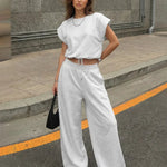 Light Grey Drawstring Waist Crop Top  Wide Leg Pants Set
