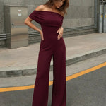 Burgundy Off-Shoulder Draped High Waist Wide Leg Jumpsuit