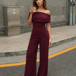 Burgundy Off-Shoulder Draped High Waist Wide Leg Jumpsuit
