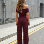 Burgundy Off-Shoulder Draped High Waist Wide Leg Jumpsuit