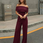 Burgundy Off-Shoulder Draped High Waist Wide Leg Jumpsuit