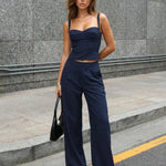 Navy Pinstripe Sweetheart Neck Corset Crop Top High Waist Wide Leg Pants Set