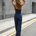 Navy Pinstripe Sweetheart Neck Corset Crop Top High Waist Wide Leg Pants Set