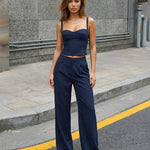 Navy Pinstripe Sweetheart Neck Corset Crop Top High Waist Wide Leg Pants Set