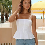 White Eyelet Embroidery Square Neck Peplum Cami Top