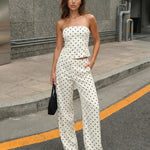 White Polka Dot Strapless Crop Top & High-Waisted Wide Leg Trousers Set