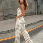 White Polka Dot Strapless Crop Top & High-Waisted Wide Leg Trousers Set