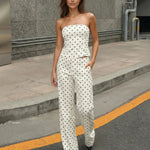 White Polka Dot Strapless Crop Top & High-Waisted Wide Leg Trousers Set