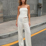 White Polka Dot Strapless Crop Top & High-Waisted Wide Leg Trousers Set