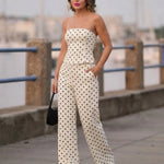 White Polka Dot Strapless Crop Top & High-Waisted Wide Leg Trousers Set
