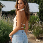 High Neck Halter Open Back Satin Cropped Top