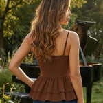 Brown Tie Front Double Ruffle Hem Spaghetti Strap Peplum Top