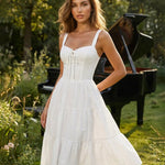 Romantic White Lace Up Corset Tiered Midi Dress