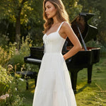 Romantic White Lace Up Corset Tiered Midi Dress