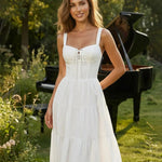 Romantic White Lace Up Corset Tiered Midi Dress