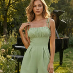 Elegant Green Ruched Bust Spaghetti Strap Romper