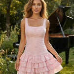 Pink Square Neck Tiered Ruffle Mini Dress