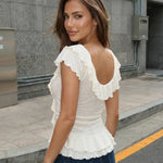 White Ruffled Tie Front Textured Slim Fit Cropped Top