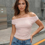 Pink Polka Dot Off-the-Shoulder Cap Sleeve Fitted Crop Top