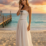 White Boho Strapless Corset Bow Trim Cropped Top Flowy Maxi Skirt Set