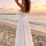 White Boho Strapless Corset Bow Trim Cropped Top Flowy Maxi Skirt Set