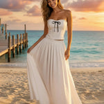 White Boho Strapless Corset Bow Trim Cropped Top Flowy Maxi Skirt Set