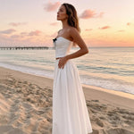 White Boho Strapless Corset Bow Trim Cropped Top Flowy Maxi Skirt Set