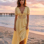 Yellow Lace Bodice with Crochet Trim Slim Fit Maxi Dress