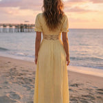 Yellow Lace Bodice with Crochet Trim Slim Fit Maxi Dress