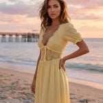 Yellow Lace Bodice with Crochet Trim Slim Fit Maxi Dress