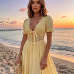Yellow Lace Bodice with Crochet Trim Slim Fit Maxi Dress