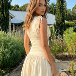Cream Sleeveless Deep V-Neck Ruched Ruffle Mini Dress