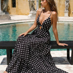 Black Elegant V-neck Cutout Polka Dot Slim Fit Maxi Dress