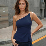 Navy One Shoulder Double Strap Fitted Peplum Top