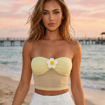 Yellow Floral Embellished Sheer Mesh Slim Fit Crop Tube Top