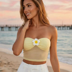 Yellow Floral Embellished Sheer Mesh Slim Fit Crop Tube Top