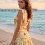 Yellow Floral Print Deep V Ruched Ruffle Hem Mini Dress
