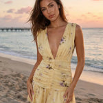 Yellow Floral Print Deep V Ruched Ruffle Hem Mini Dress