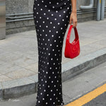 Black Polka Dot High Waist Satin Maxi Skirt