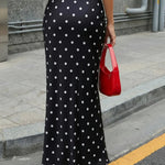 Black Polka Dot High Waist Satin Maxi Skirt