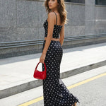 Black Polka Dot High Waist Satin Maxi Skirt
