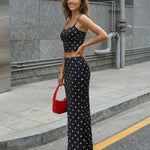 Black Polka Dot High Waist Satin Maxi Skirt
