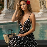 Black Elegant V-neck Cutout Polka Dot Slim Fit Maxi Dress