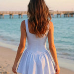 Blue Corset Bodice Pinstripe Print Bow Detail Slim Fit Mini Dress