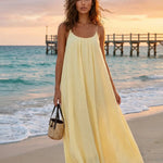 Yellow Flowy Linen Blend Spaghetti Strap Maxi Beach Dress