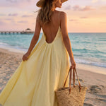 Yellow Flowy Linen Blend Spaghetti Strap Maxi Beach Dress