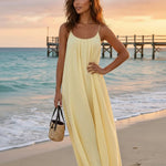 Yellow Flowy Linen Blend Spaghetti Strap Maxi Beach Dress