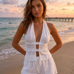 White Boho Eyelet Embroidered Halter Cutout Ruffle Trim Shorts Set